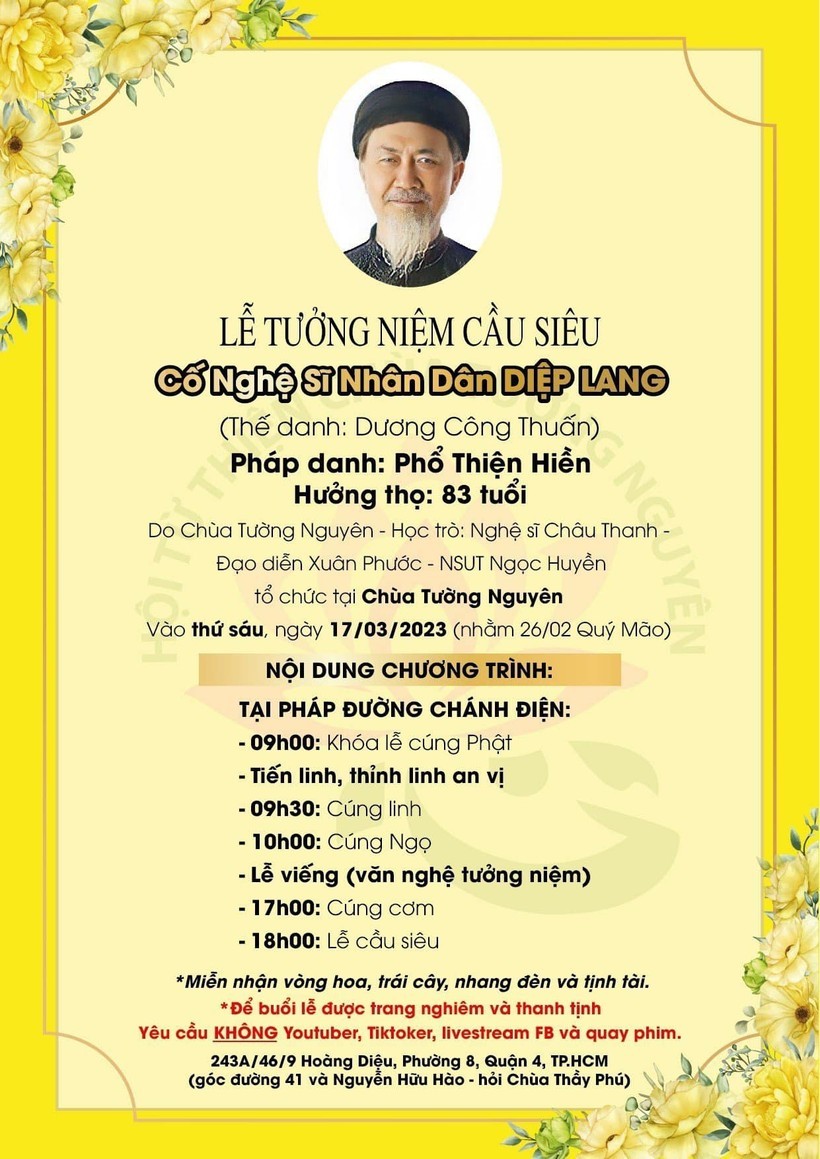 Thông tin lễ tưởng niệm NSND Diệp Lang Thông tin lễ tưởng niệm NSND Diệp Lang