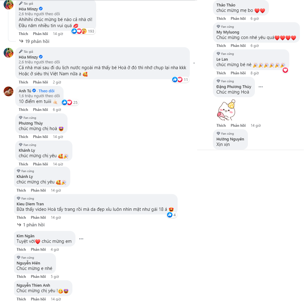 CDM chúc mừng sau khi Hòa Minzy báo tin vui