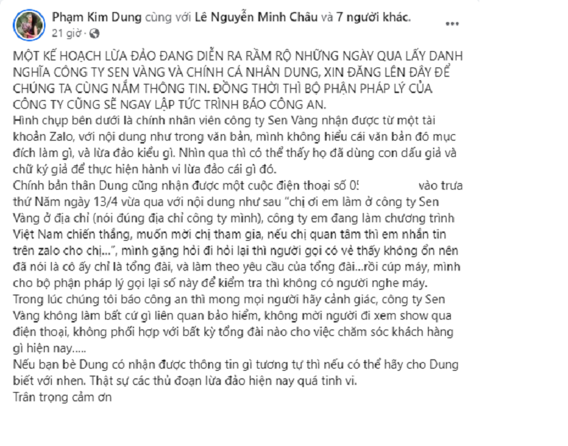 'Bà trùm hoa hậu' Phạm Kim Dung đăng đàn cảnh báo lừa đảo, thủ đoạn tinh vi gây bức xúc 2 'Bà trùm hoa hậu' Phạm Kim Dung đăng đàn cảnh báo lừa đảo, thủ đoạn tinh vi gây bức xúc 2