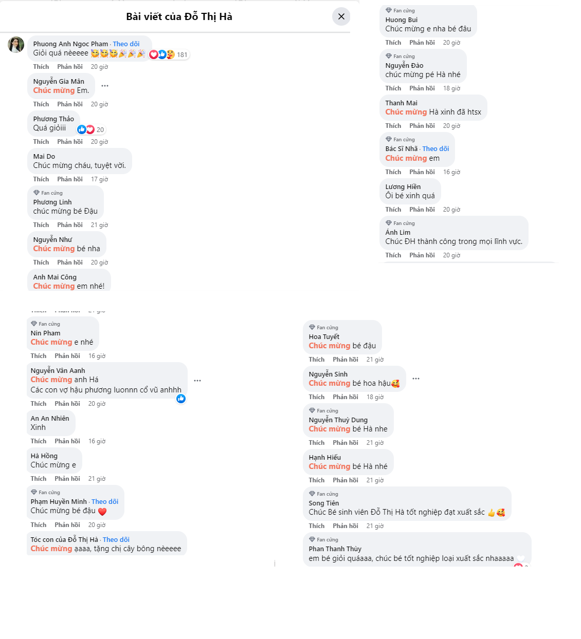 Người thân lẫn fan sắc đẹp đã để lại chúc mừng Đỗ Thị Hà sau tin vui liên quan đến chương trình học