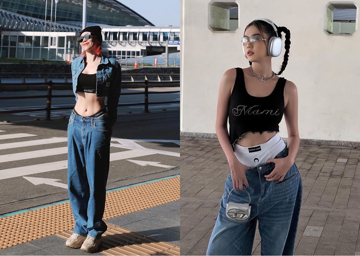 Tóc Tiển cùng Ngọc Trinh lăng xê mốt 'quần tụt', lấp ló nội y