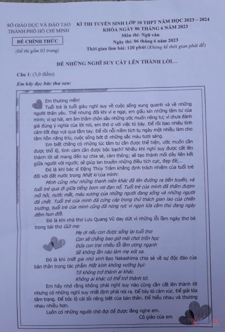 Đáp án đề thi môn Ngữ Văn kỳ thi tuyển sinh lớp 10 TP.HCM năm 2023  - Ảnh 1