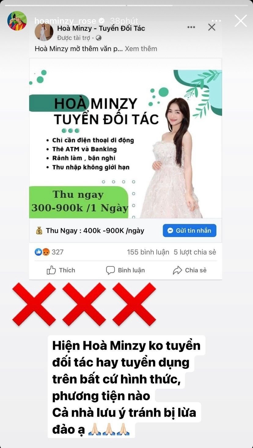 Hòa Minzy cũng từng lên tiếng cảnh báo kẻ gian sử dụng hình ảnh của cô vào mục đích bất chính Hòa Minzy cũng từng lên tiếng cảnh báo kẻ gian sử dụng hình ảnh của cô vào mục đích bất chính