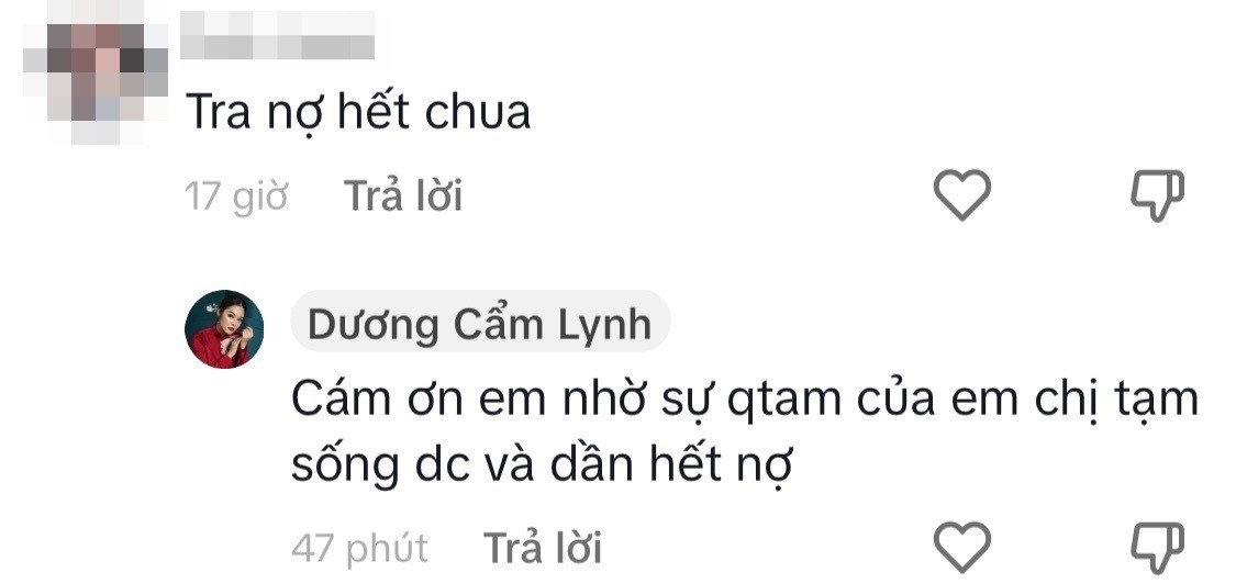 Dương Cẩm Lynh không ngần ngại đáp trả những câu hỏi từ cư dân mạng liên quan đến vấn đề nợ nần Dương Cẩm Lynh không ngần ngại đáp trả những câu hỏi từ cư dân mạng liên quan đến vấn đề nợ nần