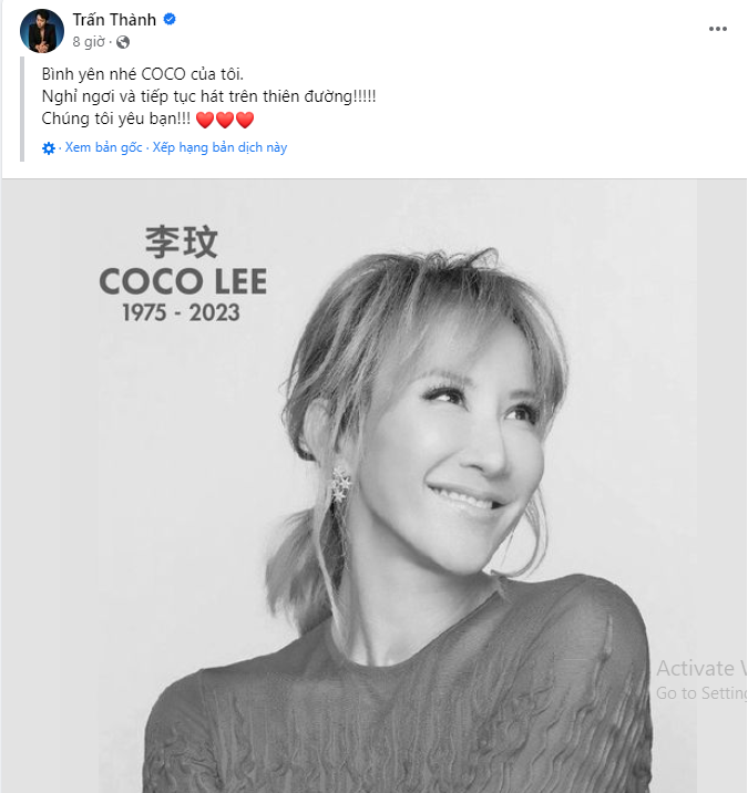 Trấn Thành đăng tải hình ảnh cố nghệ sĩ Coco Lee kèm dòng trạng thái tưởng niệm người quá cố Trấn Thành đăng tải hình ảnh cố nghệ sĩ Coco Lee kèm dòng trạng thái tưởng niệm người quá cố