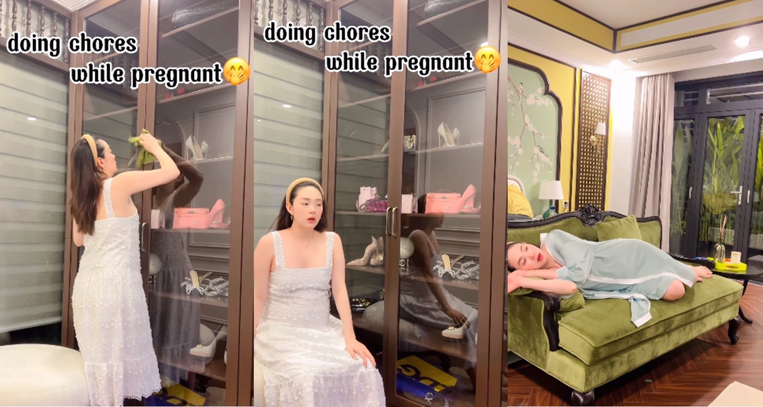 Bụng bầu to vượt mặt, Minh Hằng tỏ ra khá mệt mỏi khi làm việc nhà