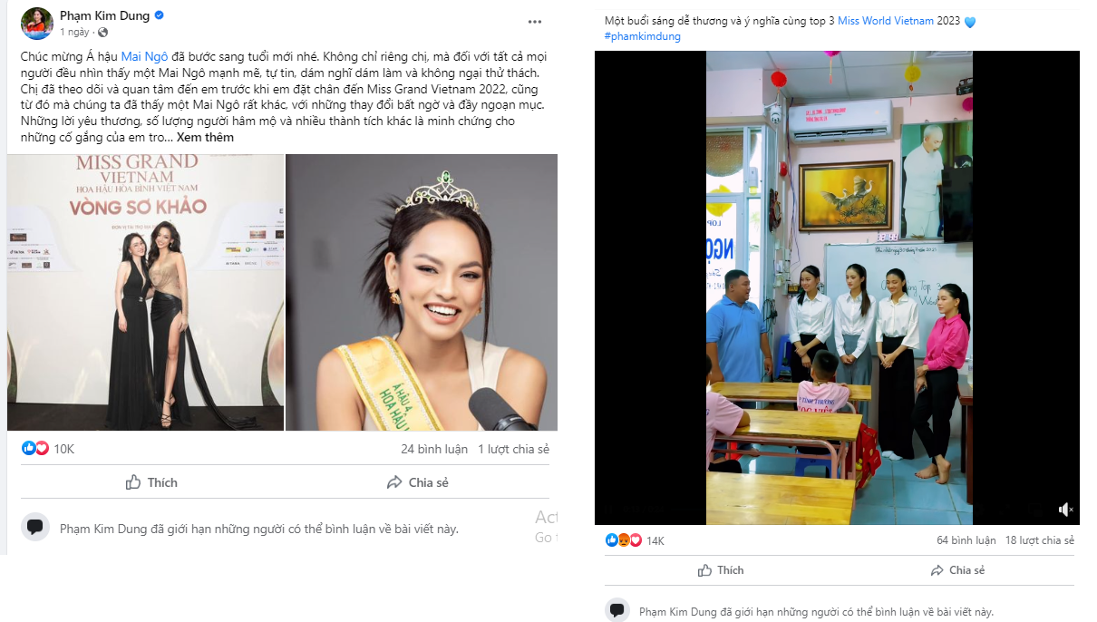 Bà Phạm Kim Dung, đại diện Miss World Vietnam phải giới hạn tính năng bình luận trên trang cá nhân giữa ồn ào của Ý Nhi Bà Phạm Kim Dung, đại diện Miss World Vietnam phải giới hạn tính năng bình luận trên trang cá nhân giữa ồn ào của Ý Nhi