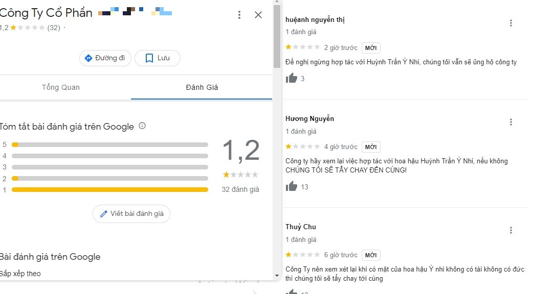 Thương hiệu bị đánh giá 1 sao từ cộng đồng mạng trên Google review