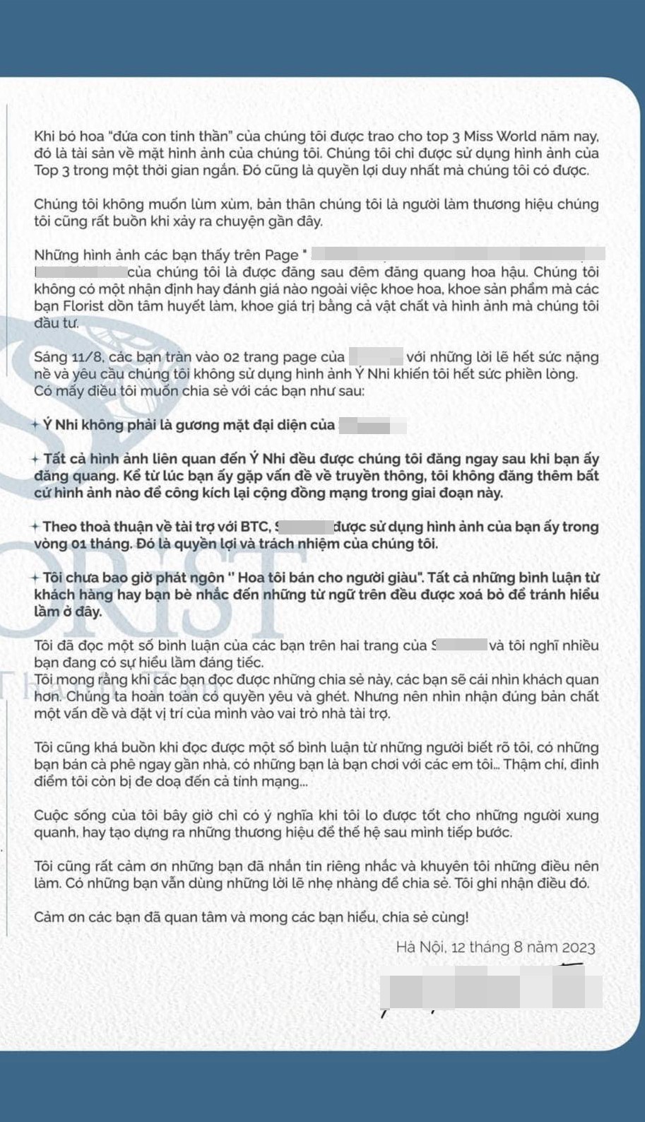 Tâm thư mà thương hiệu đăng tải