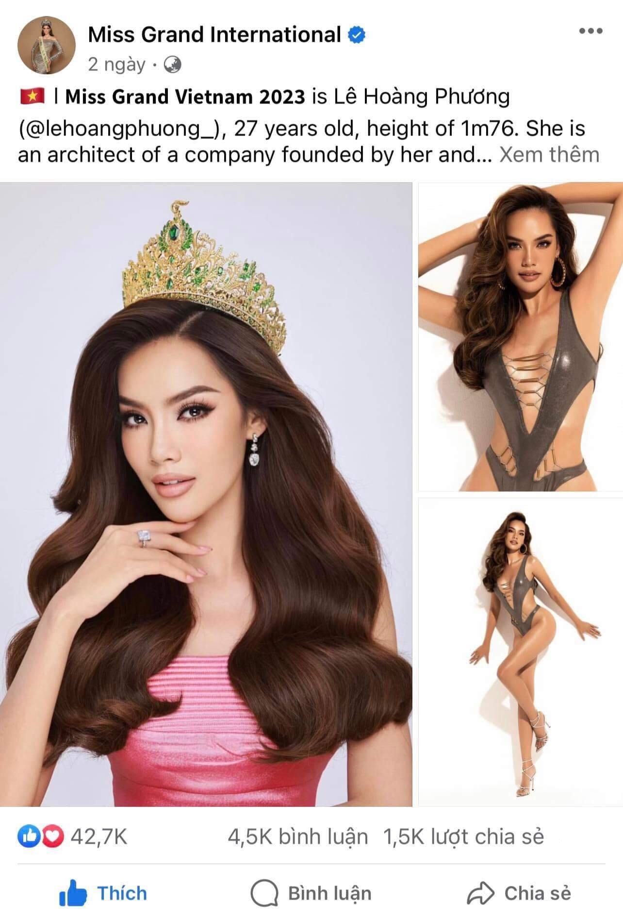 Lê Hoàng Phương đứng đầu lượng tương tác trên 2 nền tảng Facebook và Instagrams của Miss Grand International