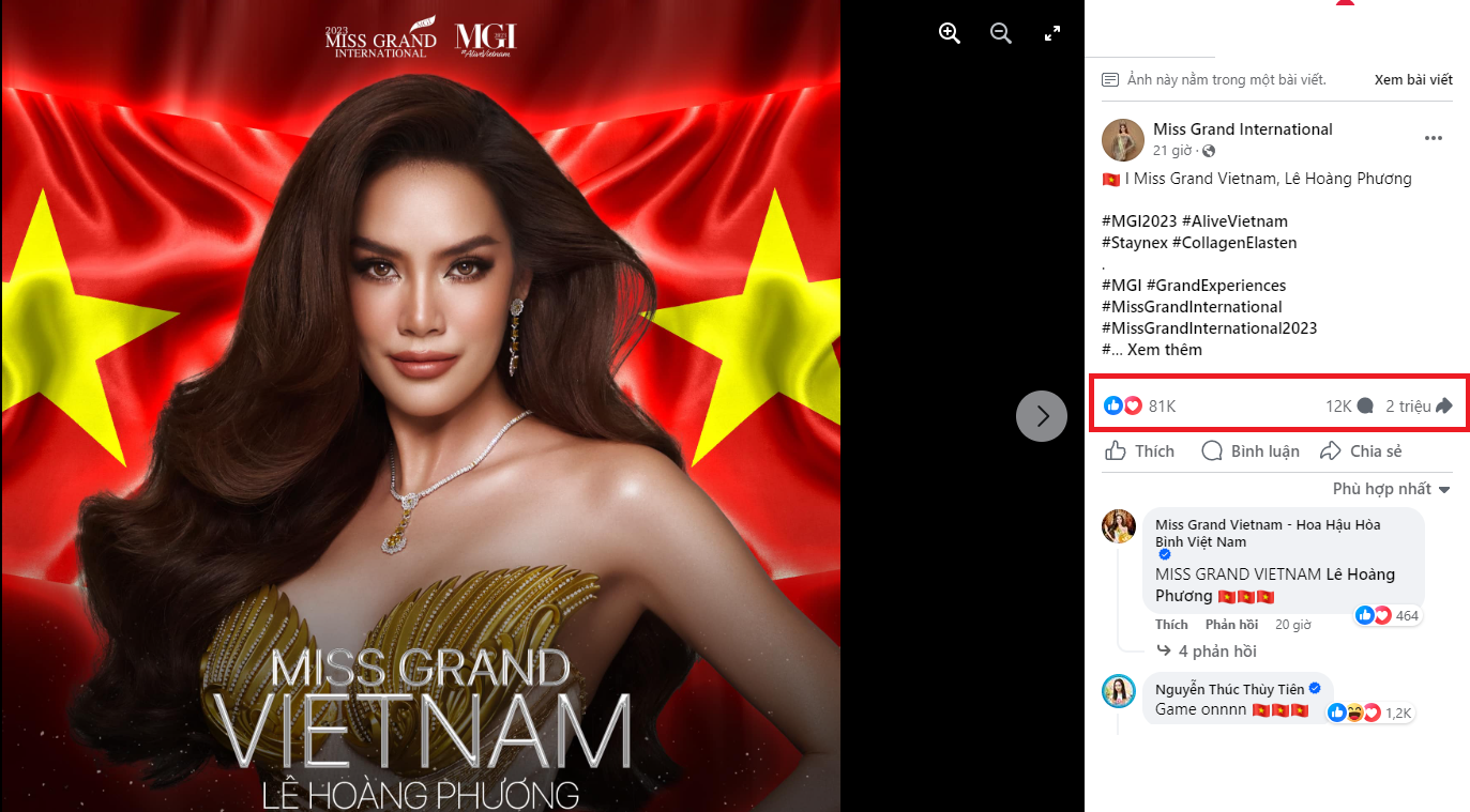 Sau 21 giờ đăng tải, hình ảnh của Lê Hoàng Phương thu về lượt tương tác khủng trên nền tảng mạng xã hội của Miss Grand International Sau 21 giờ đăng tải, hình ảnh của Lê Hoàng Phương thu về lượt tương tác khủng trên nền tảng mạng xã hội của Miss Grand International