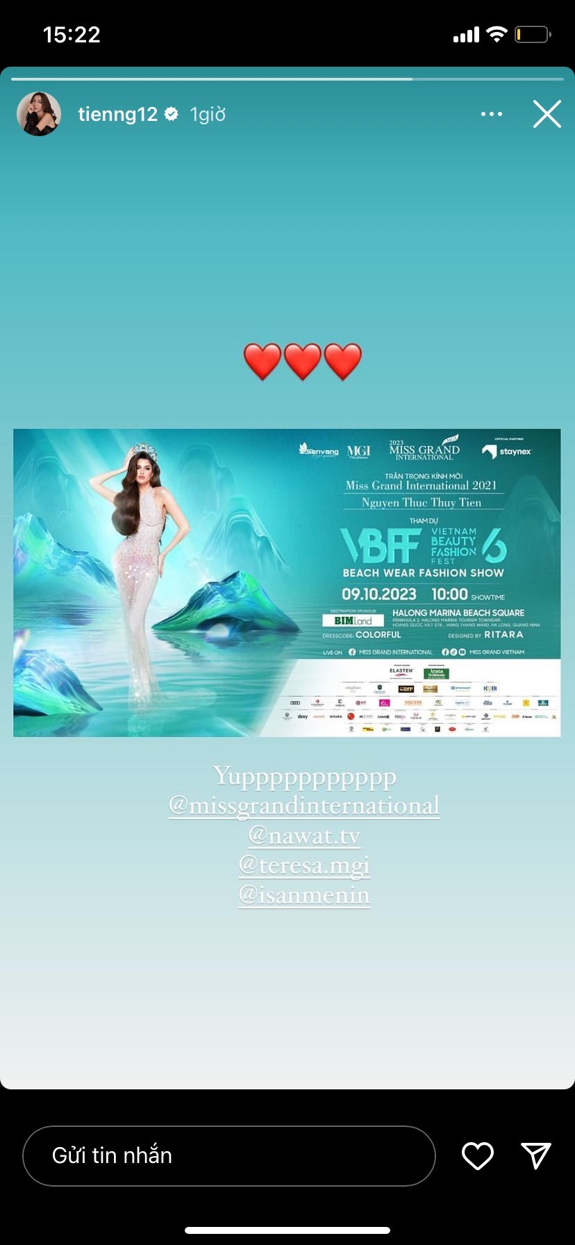 Thùy Tiên có động thái hướng về cuộc thi Miss Grand International 2023, tag tên ông Nawat và bà Teresa Thùy Tiên có động thái hướng về cuộc thi Miss Grand International 2023, tag tên ông Nawat và bà Teresa