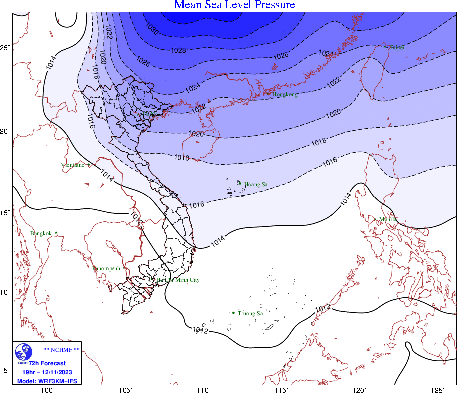 Bộ phận không khí lạnh mạnh tiếp tục di chuyển xuống phía Nam. Ảnh: Trung tâm Dự báo Khí tượng Thủy văn Quốc gia
