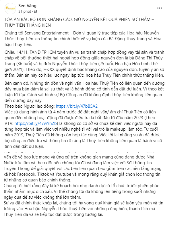Nguyên văn chia sẻ của công ty quản lý Thùy Tiên