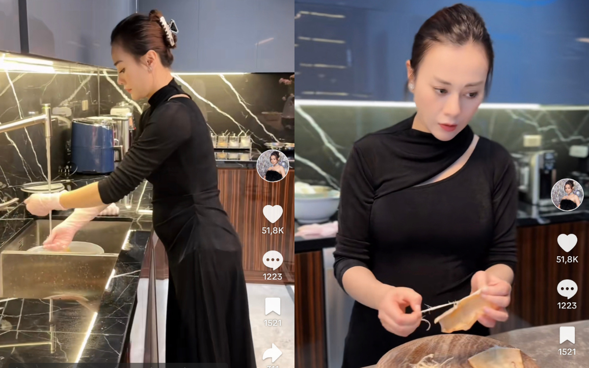 Phương Oanh tự tay vào bếp nấu nướng để tiếp đãi bố mẹ
