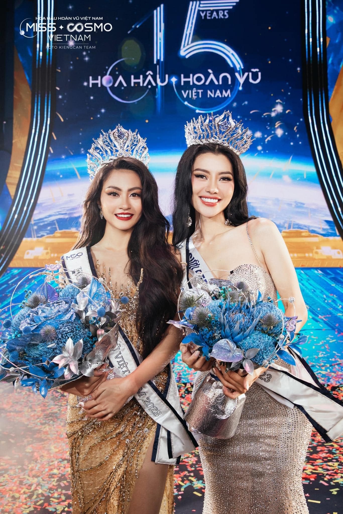 Bùi Thị Xuân Hạnh - Hoa Hậu Hoàn Vũ Việt Nam 2023 (trái) và Hoàng Thị Nhung - Á hậu Hoa Hậu Hoàn Vũ Việt Nam 2023 (phải)