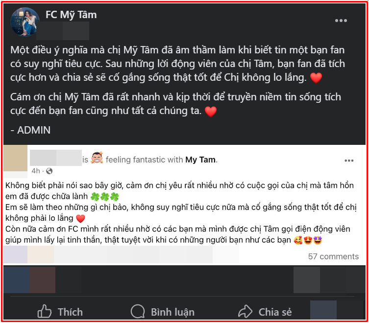 Mỹ Tâm nhận về nhiều khen ngợi khi có cách xử lý tinh tế khi hay tin một thành viên thuộc FC có suy nghĩ tiêu cực