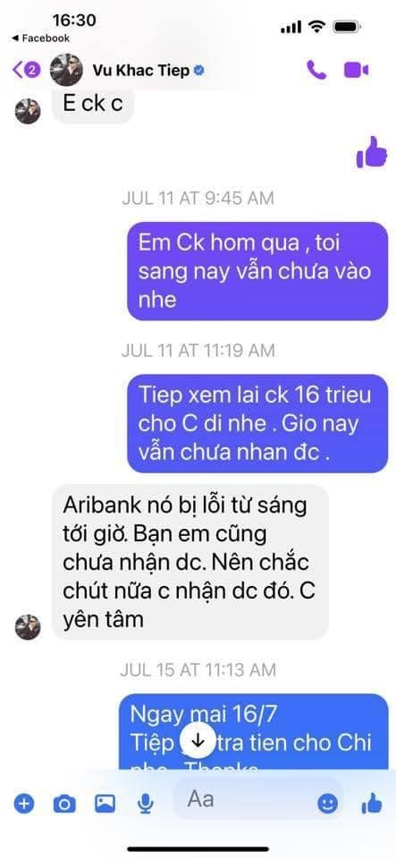 Loạt tin nhắn Vũ Khắc Tiệp xin khất nợ bị công khai trên mạng xã hội 