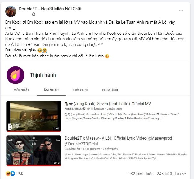 Double2T 'than thở' vì mất Top1 trending Youtube vào tay Jungkook Double2T 'than thở' vì mất Top1 trending Youtube vào tay Jungkook
