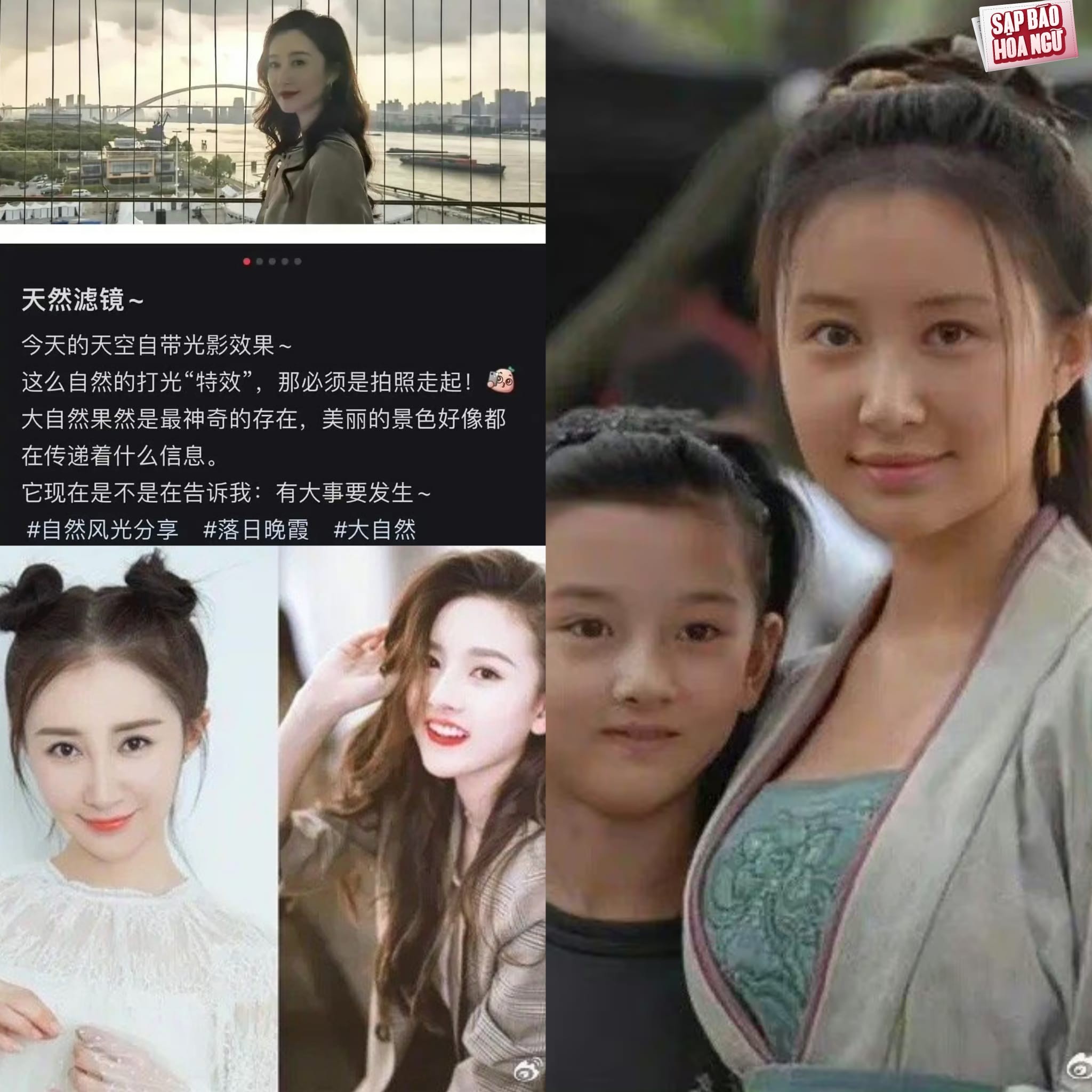 Thư Sướng ám chỉ Tống Tổ Nhi vô ơn: Nữ diễn viên Thư Sướng mới đây bất ngờ đăng dòng trạng thái trên Weibo: 'Filter tự nhiên, hôm nay bầu trời có mang theo quầng sáng, hiệu ứng làm sáng tự nhiên như vậy thì phải chụp ảnh rồi! Thiên nhiên là một tồn tại kì lạ, cảnh đẹp kia như đang truyền tải điều gì đó. Có phải nó nói với tôi rằng: Chuyện lớn sắp xảy ra rồi không?'. Netizen cho rằng bài viết này đang ám chỉ Tống Tổ Nhi. Bởi lẽ trước đó Tống Tổ Nhi trở mặt với Thư Sướng - người đã dẫn đường và giúp đỡ Tống Tổ Nhi bao năm trong giới giải trí.