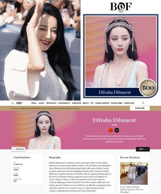 Địch Lệ Nhiệt Ba lọt Top 500 nhân vật có ảnh hưởng lớn đến ngành thời trang thế giới. Cô là người nổi tiếng duy nhất của Trung Quốc lọt vào danh sách.