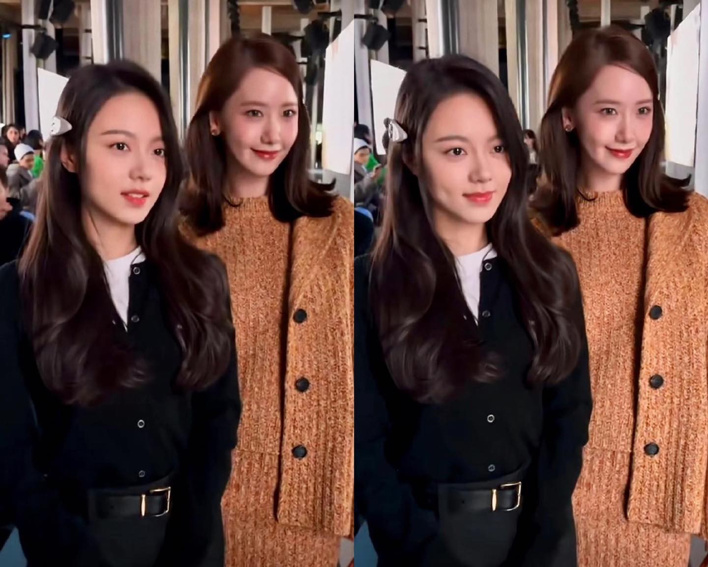 Tiểu hoa 10x Triệu Kim Mạch chung khung hình với thành viên SNSD Yoona tại show diễn của MiuMiu trong khuôn khổ tuần lễ thời trang Paris. Visual của hai mỹ nhân nhận được nhiều lời khen ngợi