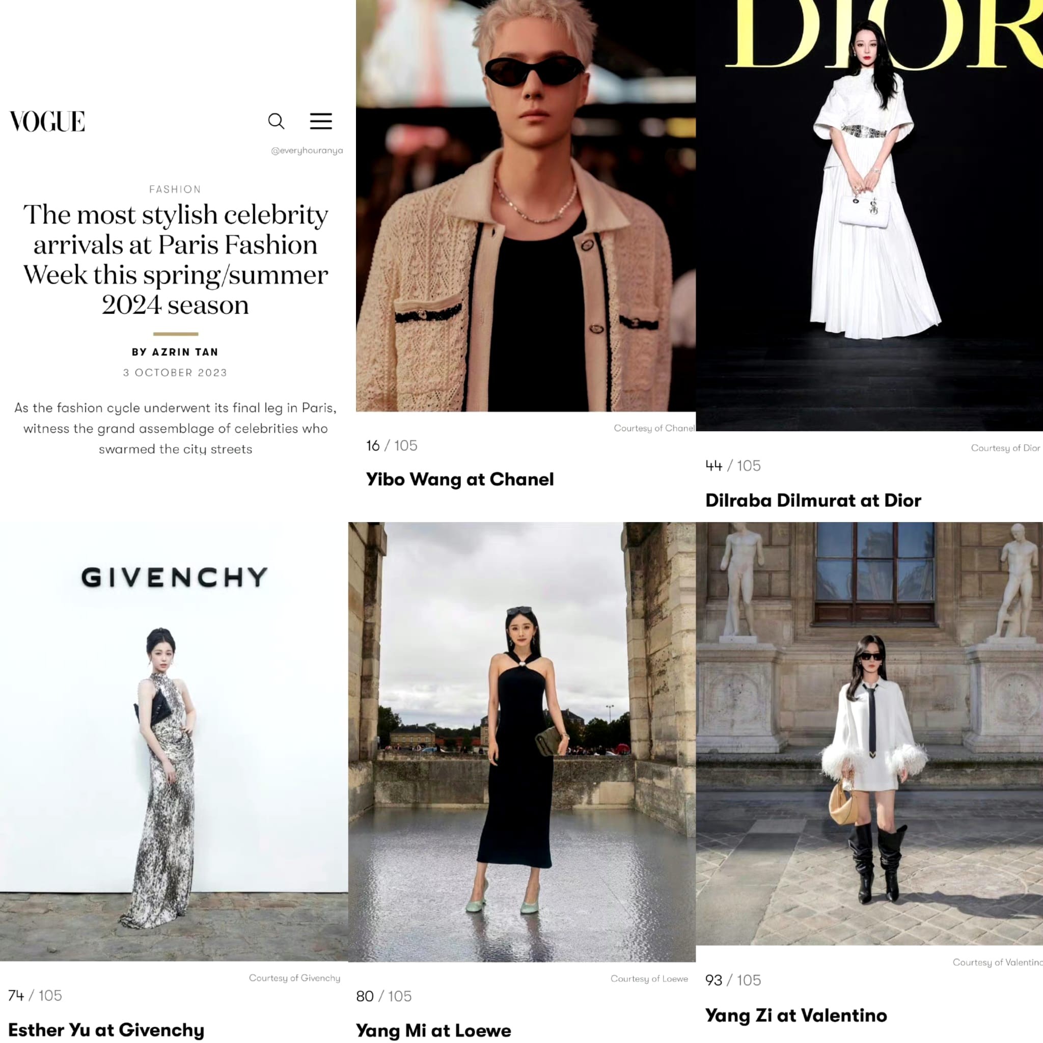 Vương Nhất Bác, Địch Lệ Nhiệt Ba, Ngu Thư Hân, Dương Mịch, Dương Tử lọt Top nghệ sĩ thời trang nhất tại Tuần lễ thời trang Paris xuân hè 2024