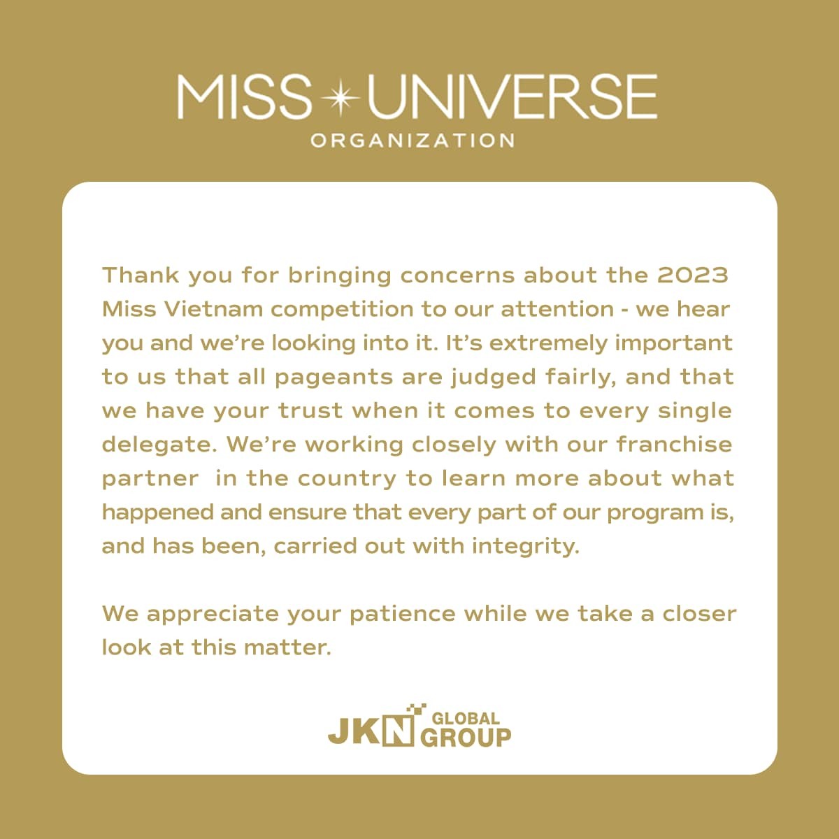 Tổ chức MU ra thông báo kiểm tra tính minh bạch của Miss Universe Vietnam 2023. Tổ chức MU ra thông báo kiểm tra tính minh bạch của Miss Universe Vietnam 2023. 
