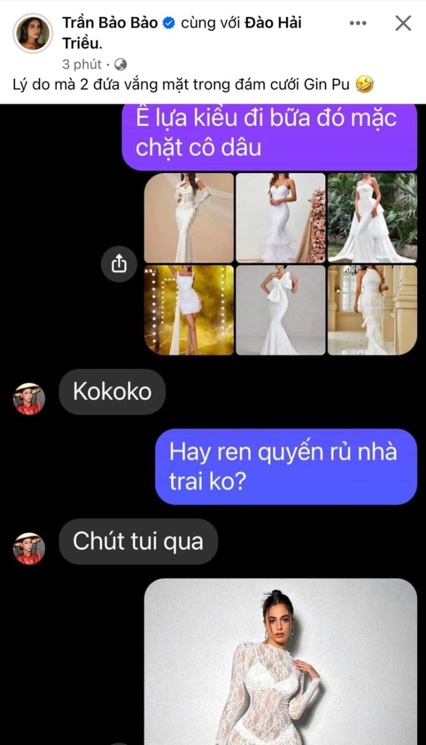 BB Trần và Hải Triều hài hước chia sẻ về sự vắng mặt tại đám cưới Puka BB Trần và Hải Triều hài hước chia sẻ về sự vắng mặt tại đám cưới Puka