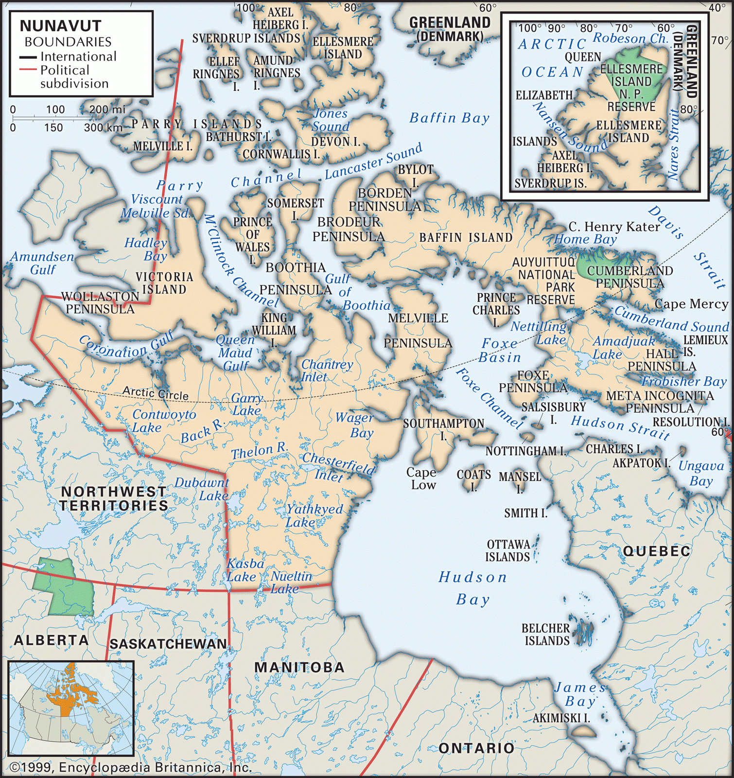 Nunavut - Bản đồ đặc điểm vật lý Bao gồm định vị. Ảnh: Encyclopædia Britannica, Inc.