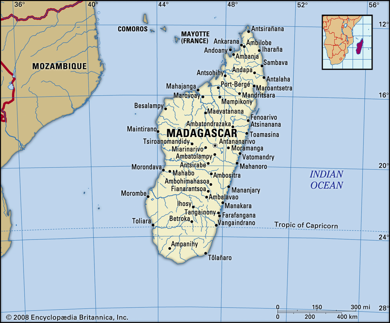 Madagascar. Bản đồ chính trị: ranh giới, thành phố. Bao gồm định vị. Ảnh: Encyclopædia Britannica, Inc.