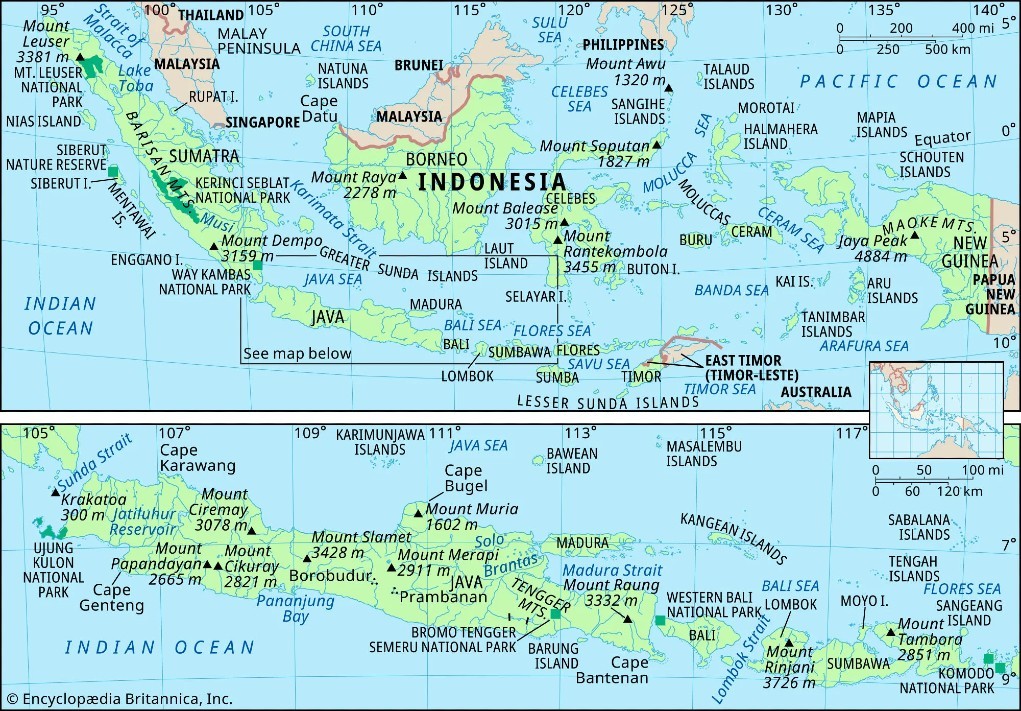 Toàn bộ Indonesia (bản đồ phía trên) và các đảo Java, Bali, Lombok và Sumbawa (bản đồ phía dưới). Bản đồ đặc điểm vật lý Bao gồm định vị. Ảnh: Encyclopædia Britannica, Inc.