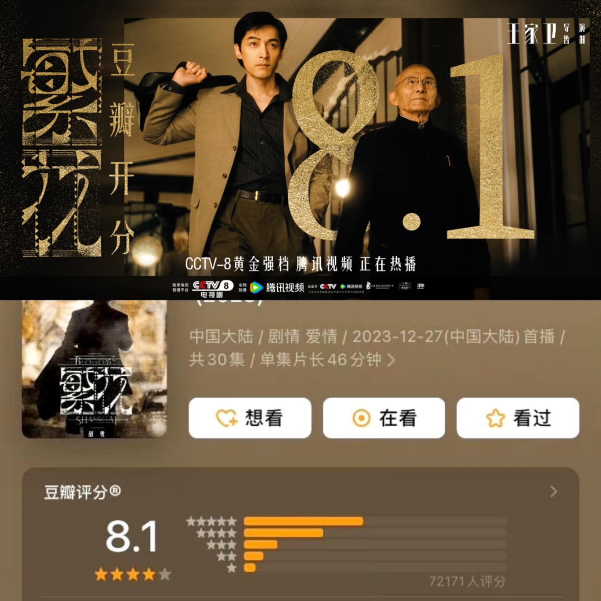 Bộ phim “Phồn Hoa” do Hồ Ca, Mã Y Lợi, Đường Yên, Tân Chỉ Lôi diễn chính hôm nay mở điểm Douban 8.1 điểm với hơn 72,3 nghìn lượt đánh giá. Ngày 1/1, nhiệt độ phim cũng đã phá 29.000 điểm nhiệt trên Tencent