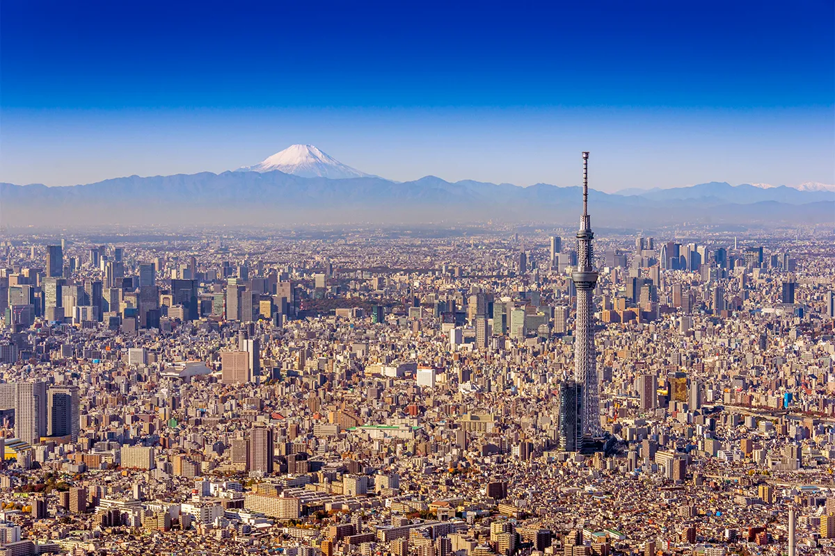 Đường chân trời của Tokyo với Skytree ở phía trước và núi Phú Sĩ ở phía xa. Ảnh: Getty Images