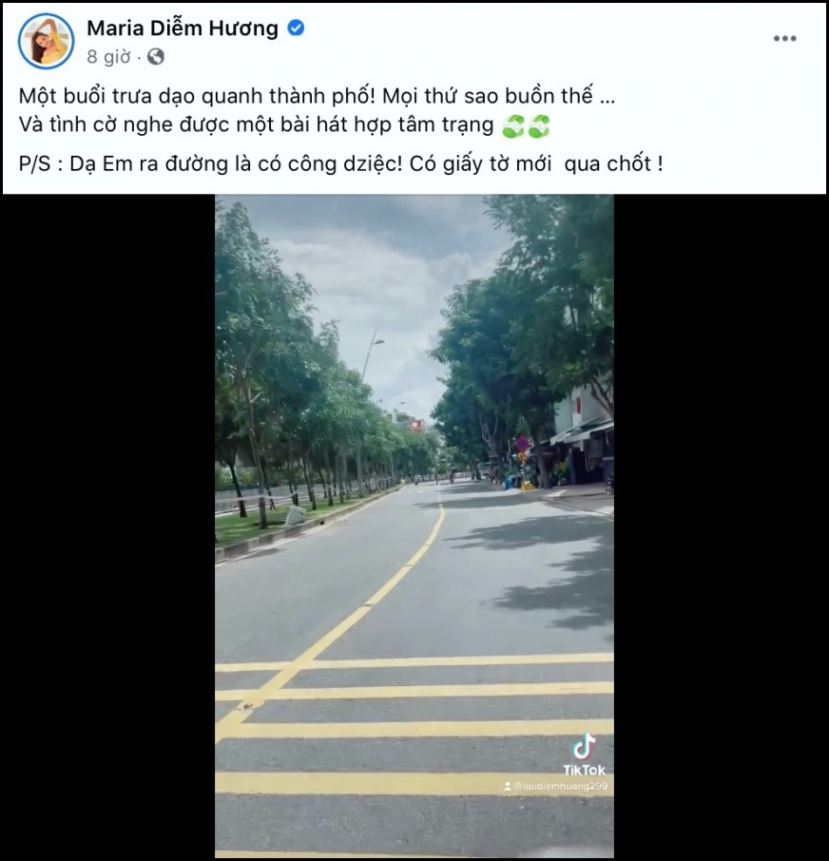Hoa hậu Diễm Hương khoe clip ra đường giữa lúc giãn cách. Ảnh FBNV Hoa hậu Diễm Hương khoe clip ra đường giữa lúc giãn cách. Ảnh FBNV