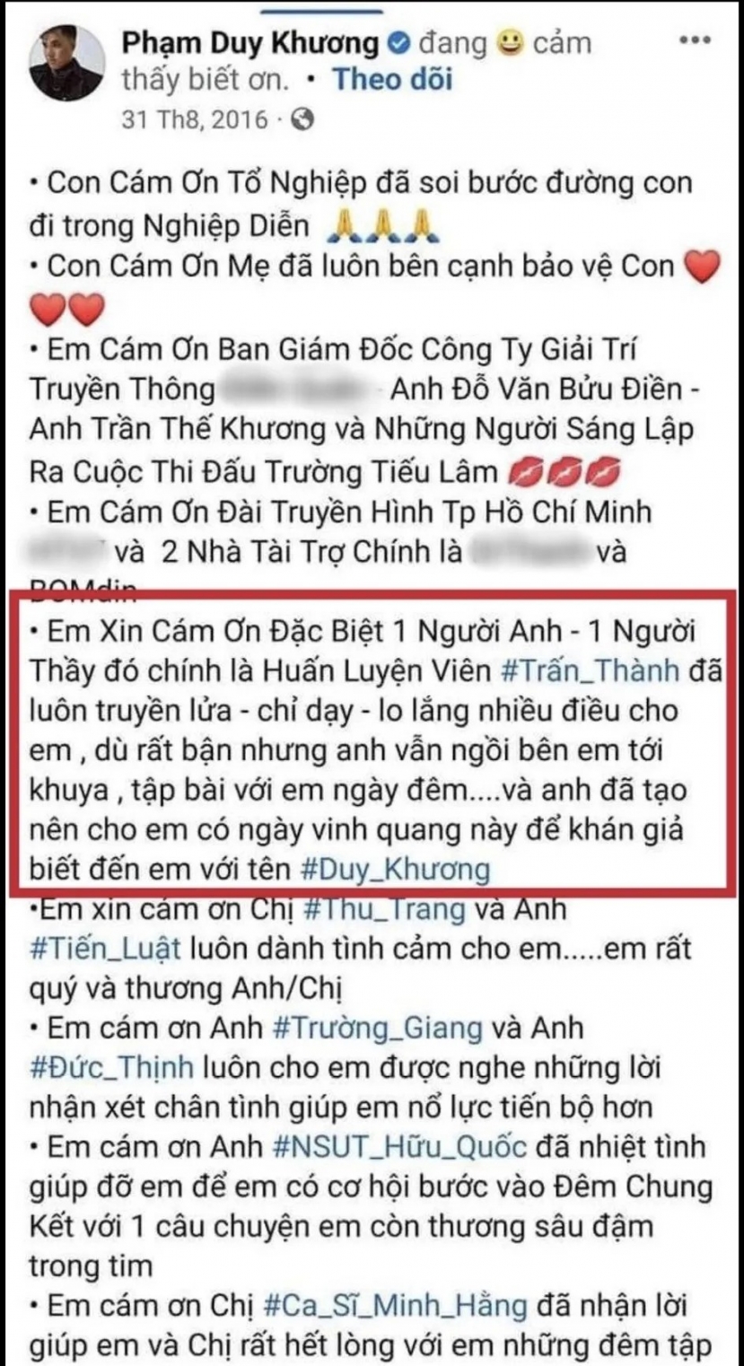 Duy Khương từng đăng tải bài viết gọi Trấn Thành là thầy. Ảnh internet Duy Khương từng đăng tải bài viết gọi Trấn Thành là thầy. Ảnh internet