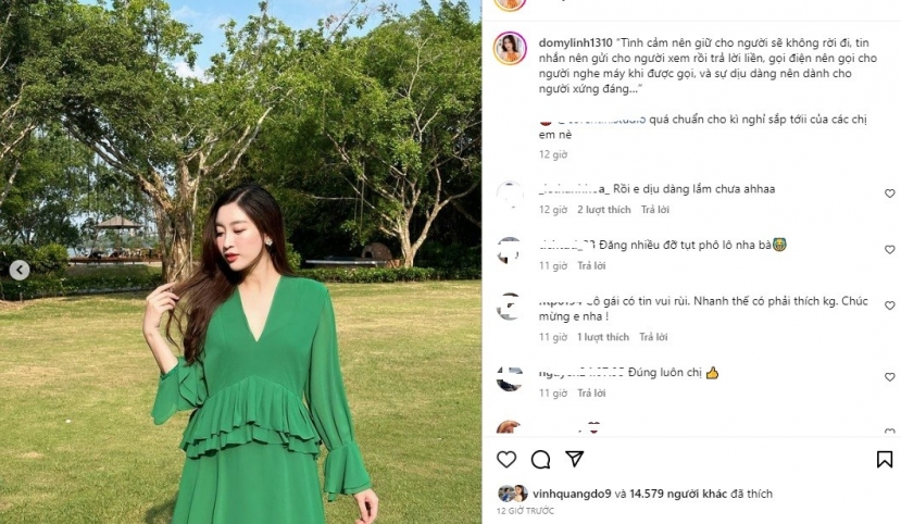 Đỗ Mỹ Linh triết lý về tình yêu giữa tin đồn mang thai. Ảnh IGNV Đỗ Mỹ Linh triết lý về tình yêu giữa tin đồn mang thai. Ảnh IGNV