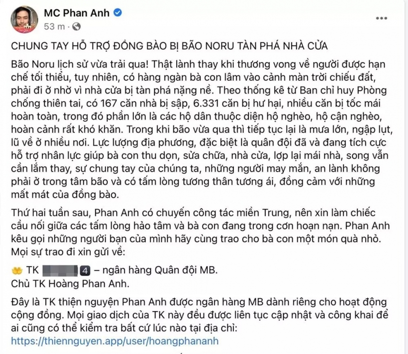 MC Phan Anh kêu gọi từ thiện vào tài khoản cá nhân. Ảnh: FBNV MC Phan Anh kêu gọi từ thiện vào tài khoản cá nhân. Ảnh: FBNV