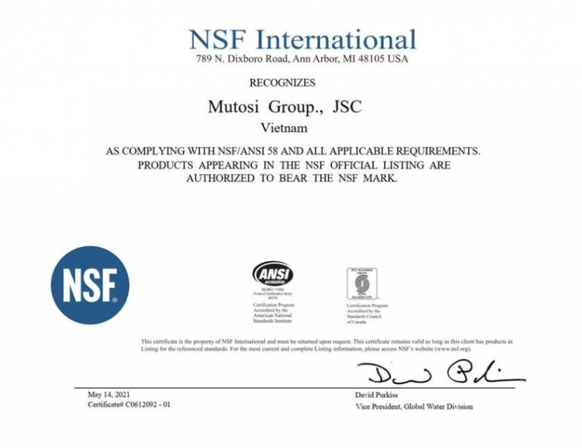 Chứng nhận quốc tế NSF/ANSI 58 cấp cho màng lọc RO Mutosi