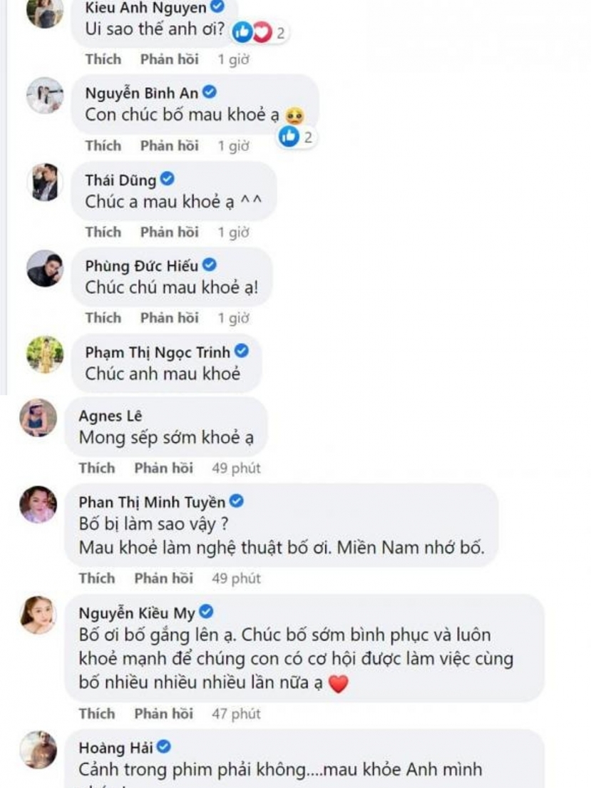 Hàng loạt các nghệ sĩ trong showbiz Việt như: Kiều Anh, Bình An, Thái Dũng, Minh Vượng,... đã để lại những lời chúc sức khỏe đến nam nghệ sĩ (Ảnh: Internet) Hàng loạt các nghệ sĩ trong showbiz Việt như: Kiều Anh, Bình An, Thái Dũng, Minh Vượng,... đã để lại những lời chúc sức khỏe đến nam nghệ sĩ (Ảnh: Internet)