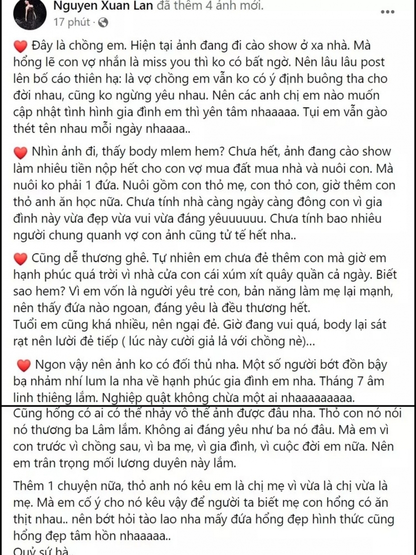 Nguyên văn bài chia sẻ của siêu mẫu Xuân Lan về việc nghi tòm tem với Minh Kha khiến nhiều người xôn xao (Ảnh: Internet) Nguyên văn bài chia sẻ của siêu mẫu Xuân Lan về việc nghi tòm tem với Minh Kha khiến nhiều người xôn xao (Ảnh: Internet)