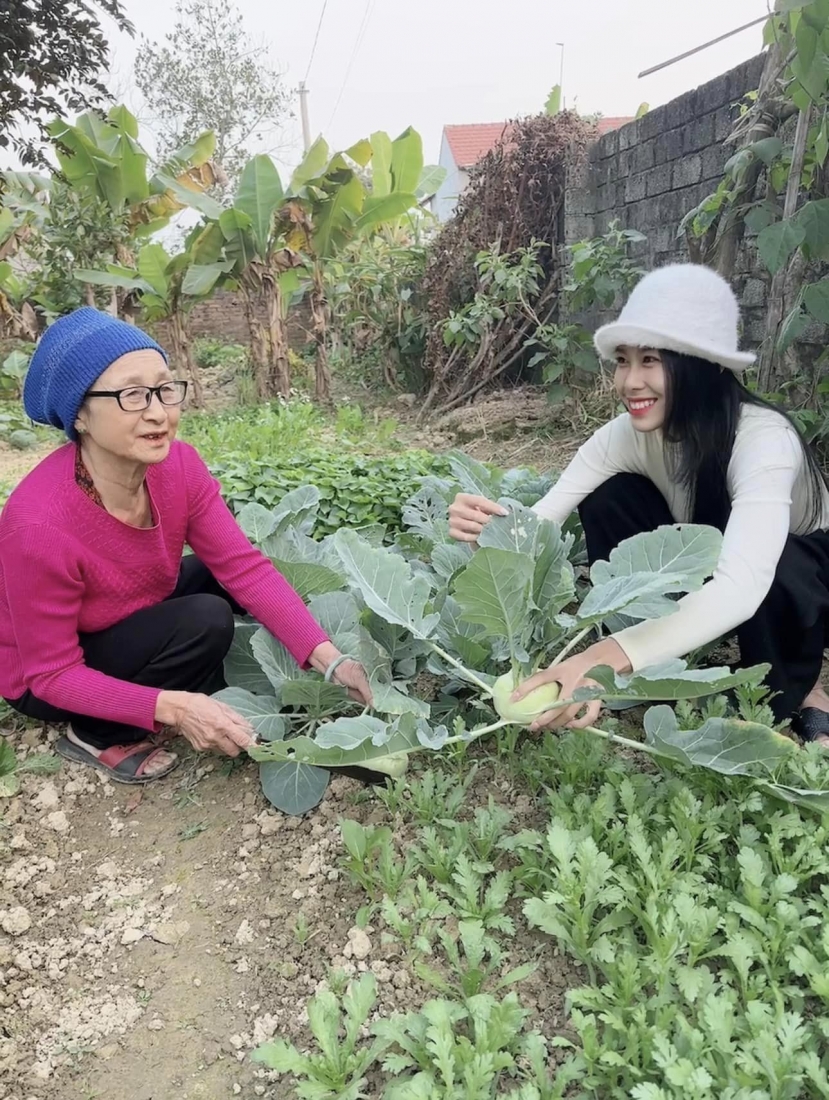 Ngọc Hằng ra vườn hái rau cùng bà (Ảnh: FBNV) Ngọc Hằng ra vườn hái rau cùng bà (Ảnh: FBNV)
