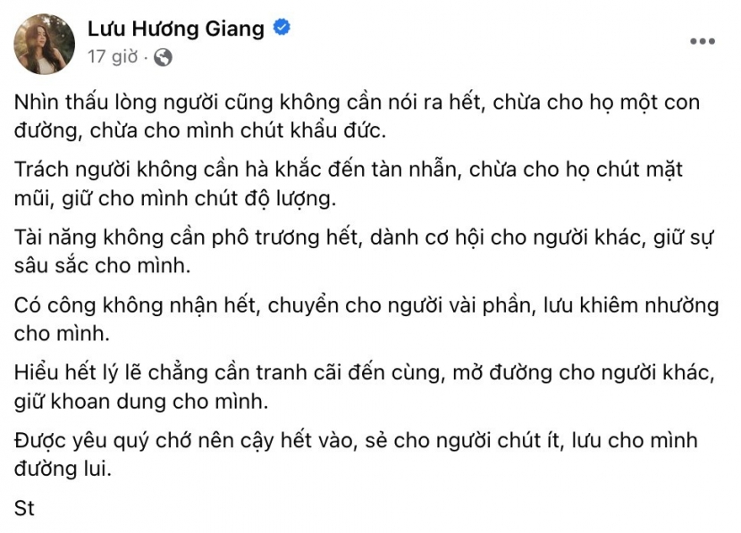 Nguyên văn bài đăng của Lưu Hương GIang. Ảnh: Chụp màn hình Nguyên văn bài đăng của Lưu Hương GIang. Ảnh: Chụp màn hình