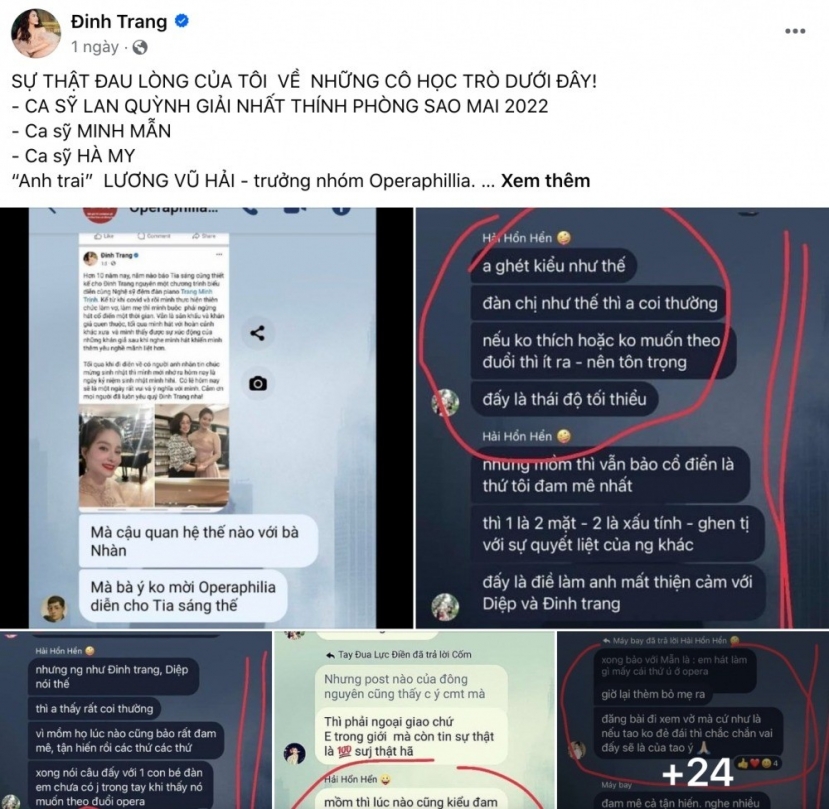 Ca sĩ Đinh Trang tung loạt bằng chứng khi bị học trò nói 'xấu'. Ảnh: Chụp màn hình Ca sĩ Đinh Trang tung loạt bằng chứng khi bị học trò nói 'xấu'. Ảnh: Chụp màn hình