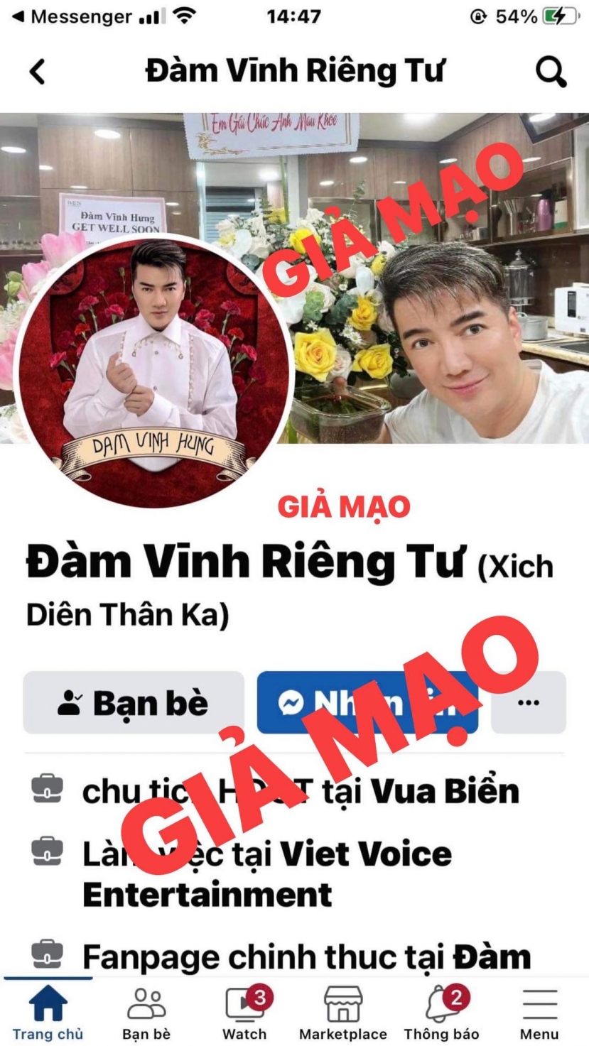 Trang Facebook giả mạo Đàm Vĩnh Hưng. Ảnh: FB Đàm Vĩnh Hưng Trang Facebook giả mạo Đàm Vĩnh Hưng. Ảnh: FB Đàm Vĩnh Hưng