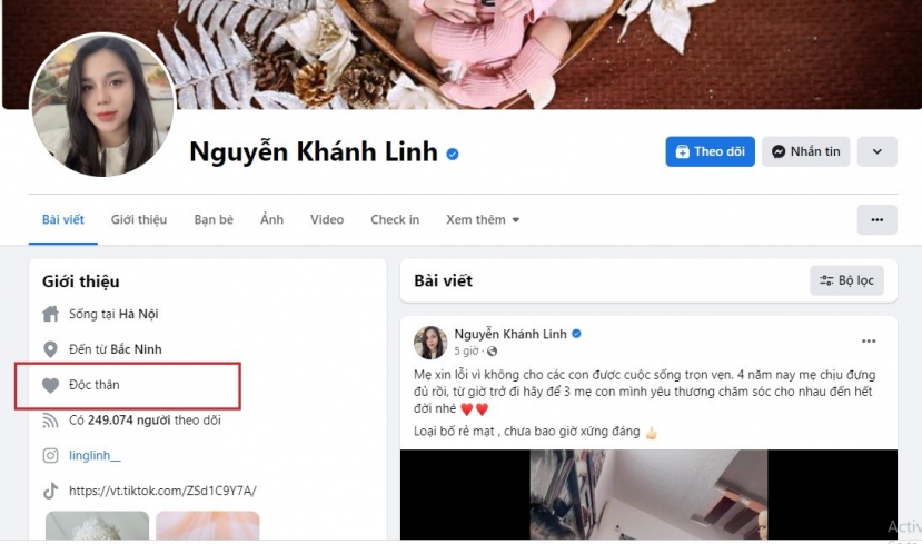 Khánh Linh để trạng thái quan hệ trên trang cá nhân là độc thân. Ảnh chụp màn hình. Khánh Linh để trạng thái quan hệ trên trang cá nhân là độc thân. Ảnh chụp màn hình.