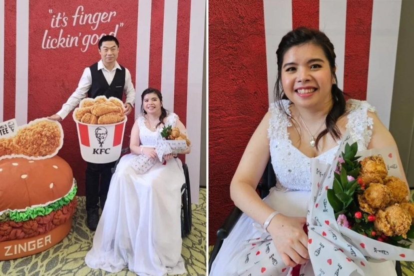 Cô dâu Liang Le Wong, một fan cuồng của KFC, đã tổ chức đám cưới theo chủ đề gà rán khi được nhà hàng thức ăn nhanh tài trợ đồ ăn cho ngày trọng đại của cô tại Singapore vào ngày 26/11. Cô dâu Liang Le Wong, một fan cuồng của KFC, đã tổ chức đám cưới theo chủ đề gà rán khi được nhà hàng thức ăn nhanh tài trợ đồ ăn cho ngày trọng đại của cô tại Singapore vào ngày 26/11.