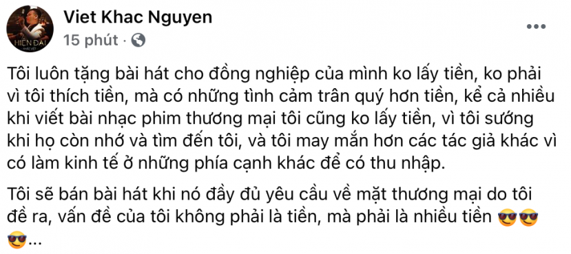 Khắc Việt đã lên tiếng về việc bán bản quyền ca khúc. Ảnh chụp màn hình Khắc Việt đã lên tiếng về việc bán bản quyền ca khúc. Ảnh chụp màn hình
