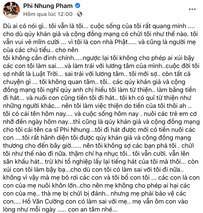 Bài đăng của Phi Nhung sau ồn ào với Hồ Văn Cường. Ảnh chụp màn hình Bài đăng của Phi Nhung sau ồn ào với Hồ Văn Cường. Ảnh chụp màn hình