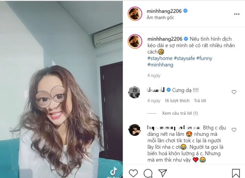 Ở nhà nghỉ dịch quá lâu, Minh Hằng lo lắng bị mắc chứng đa nhân cách. ảnh chụp màn hình Ở nhà nghỉ dịch quá lâu, Minh Hằng lo lắng bị mắc chứng đa nhân cách. ảnh chụp màn hình
